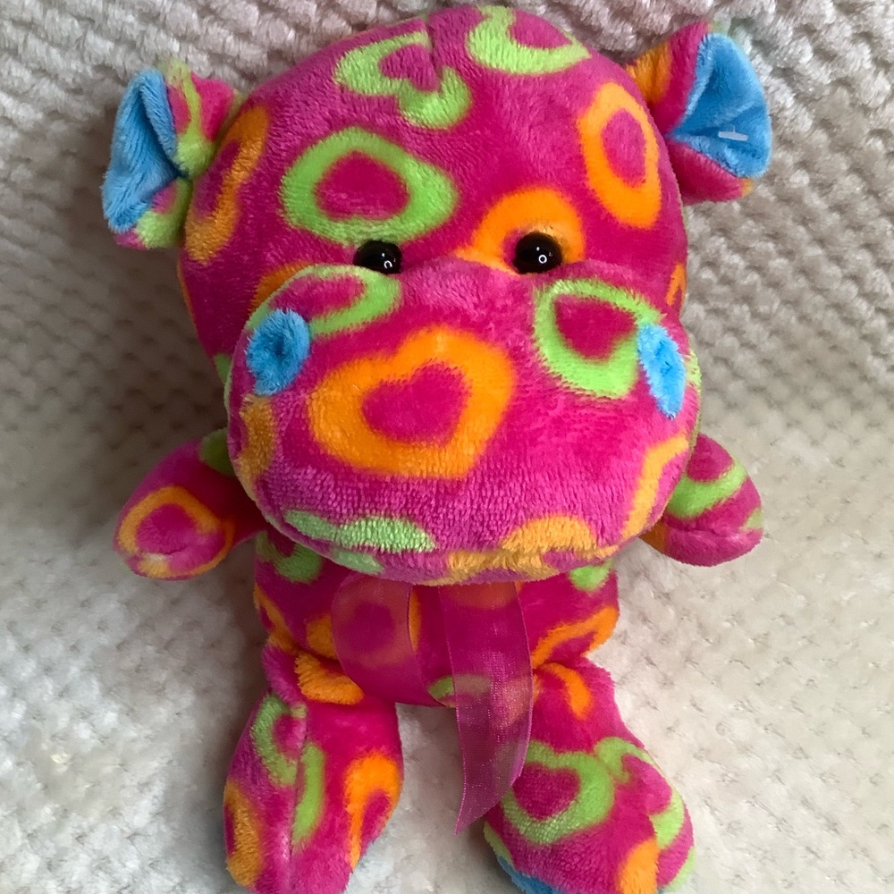 NANCO Plush Hot Pink Hippo with Multi Coloured Hearts Stuffed Animal Toy w Bow